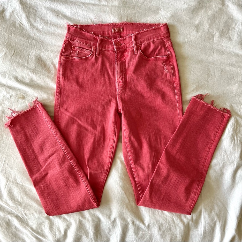 MOTHER The Double Fray Charmer Pink Frayed Denim Jeans Size 24